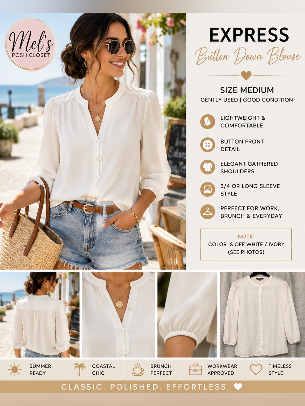 Express Off-White Button Front Blouse | Size Medium |